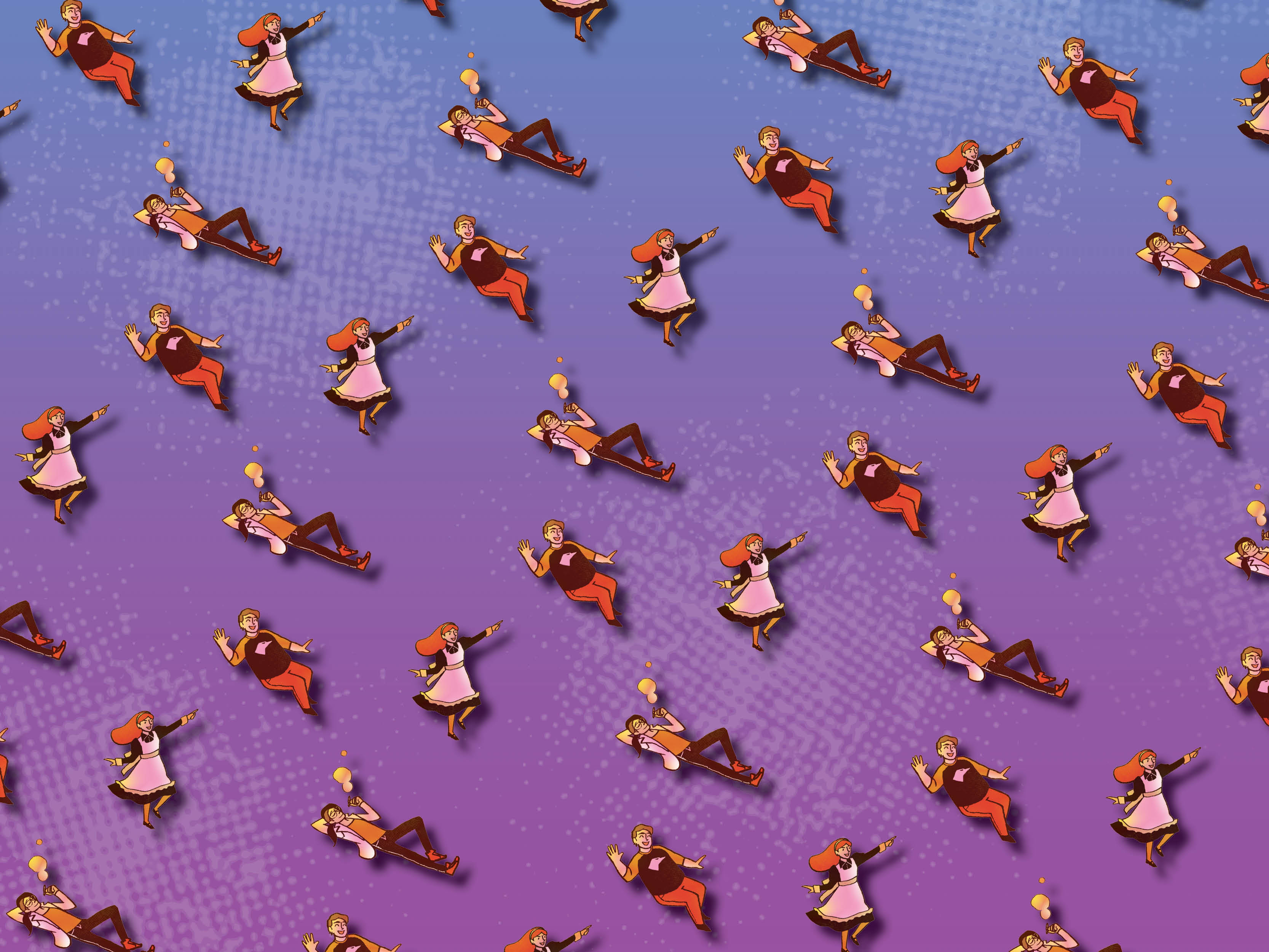 A step and repeat pattern we use for several backdrops and banner images at the podcast. It features all three of our illustrated album art personas over a purple and blue textured background.