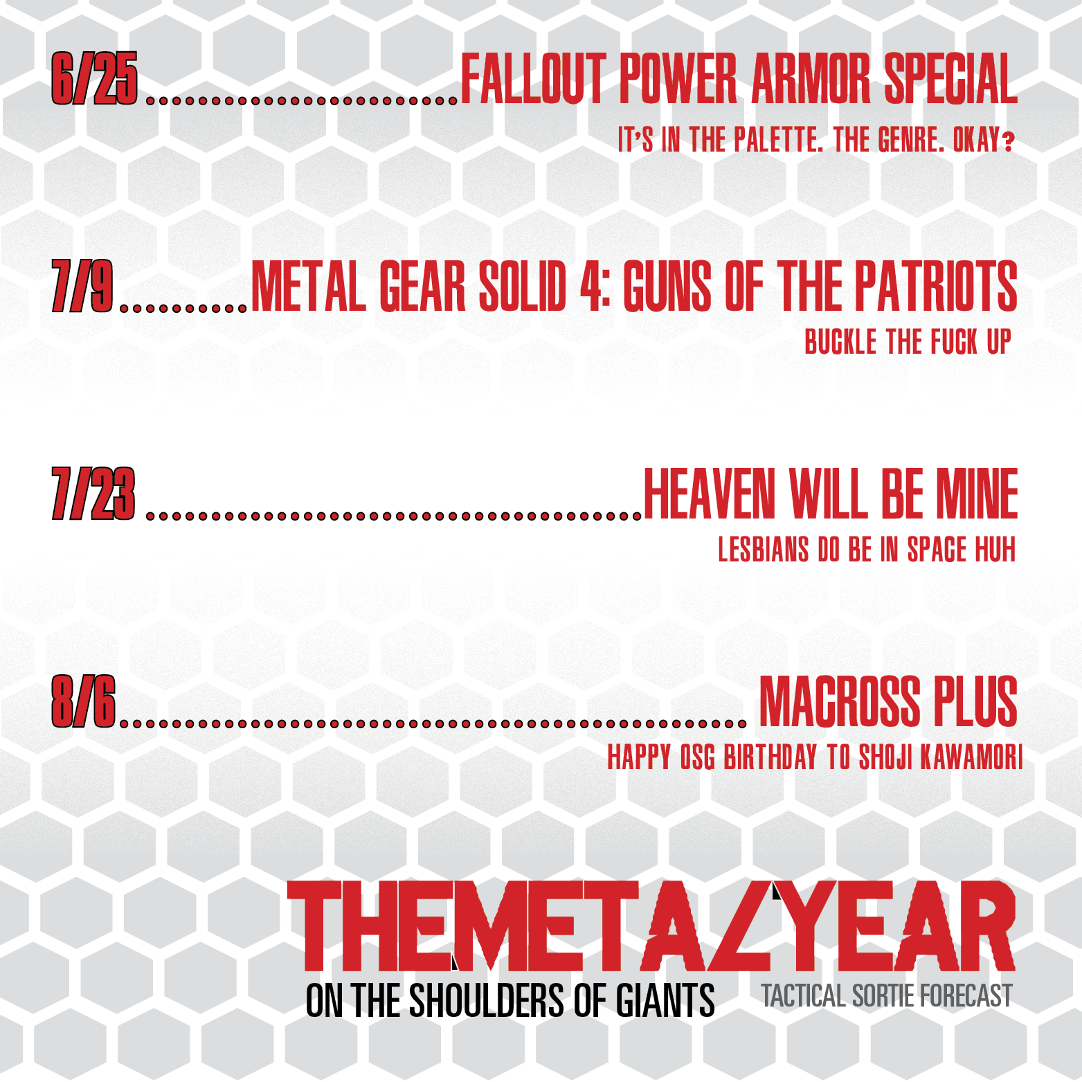 Another forecast social media announcement, this one from two years ago and Metal Gear Solid 4-themed. 