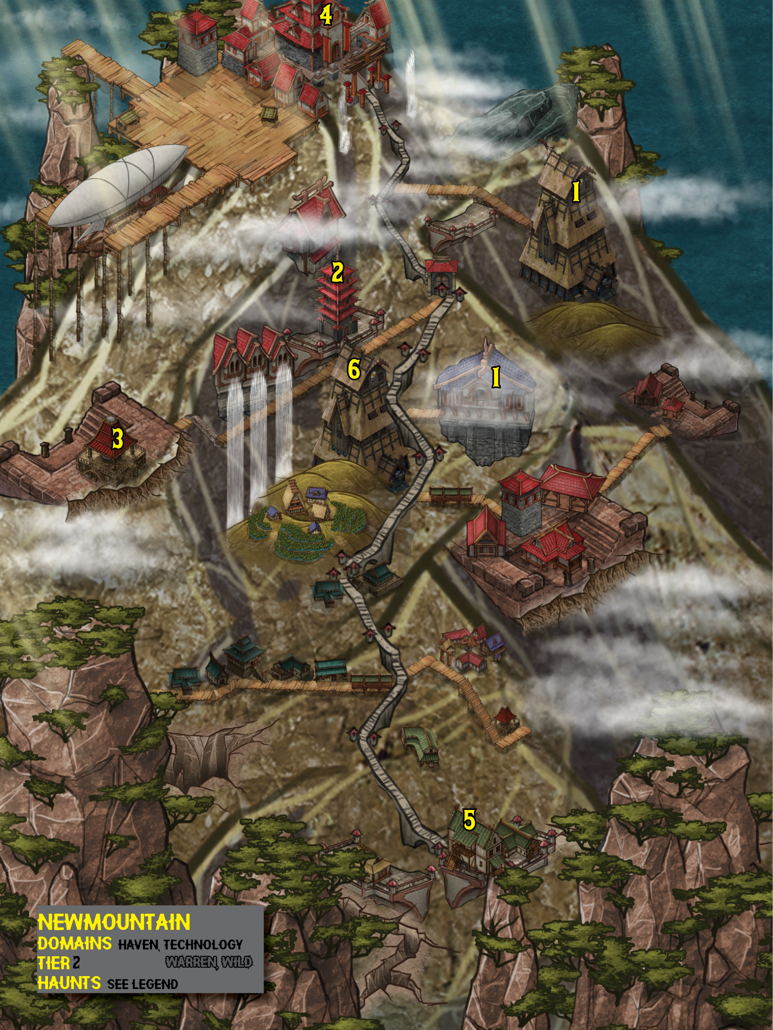 Settlement map for an RPG called Heart: The City Beneath. It features a very vertical city built on terraces on the side of a mountain. 