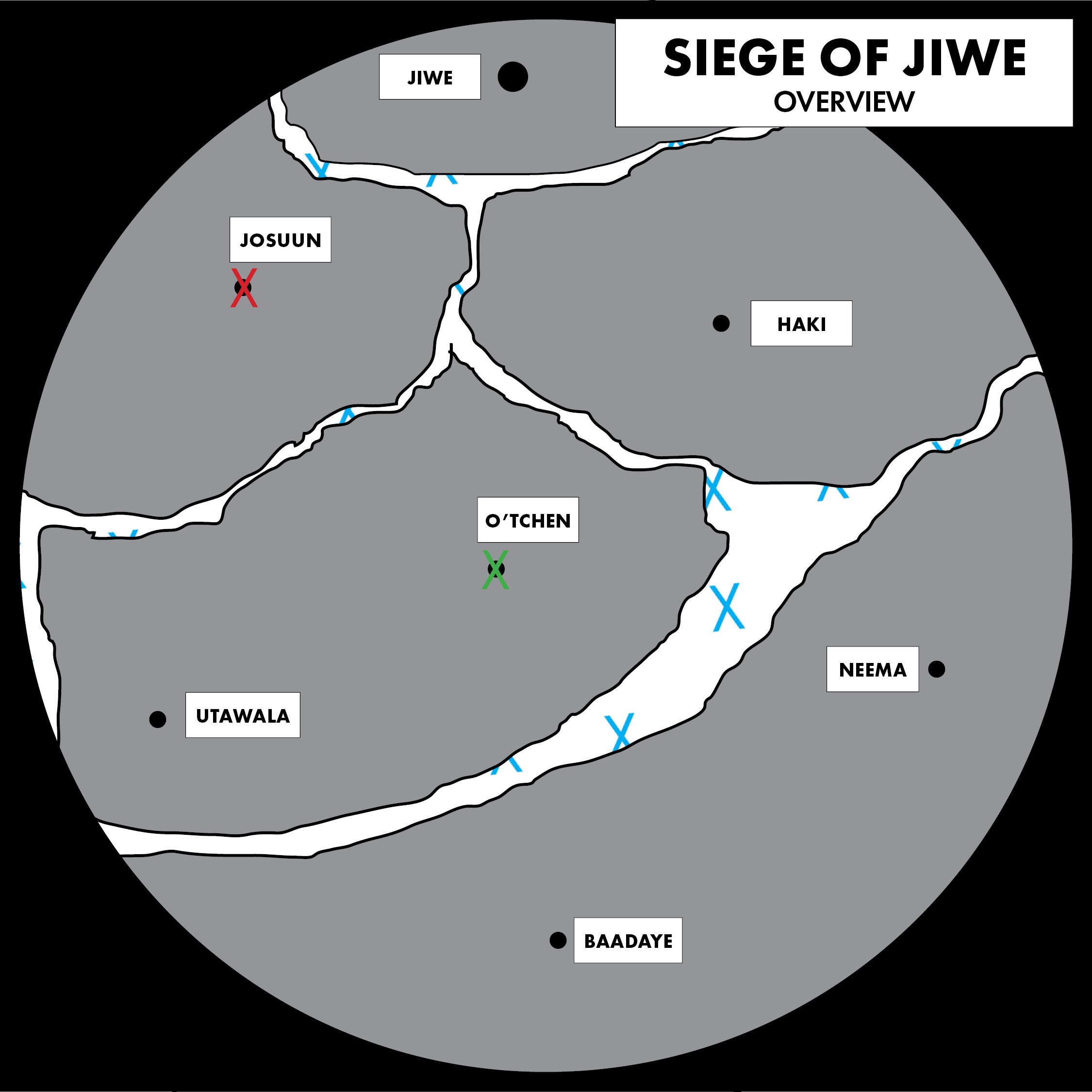 Conflict readout for an RPG, featuring a planet called Jiwe. The appearance of the readout is modeled to look the way diegetic screens looked in the campaign. It features settlements and their siege statuses. 