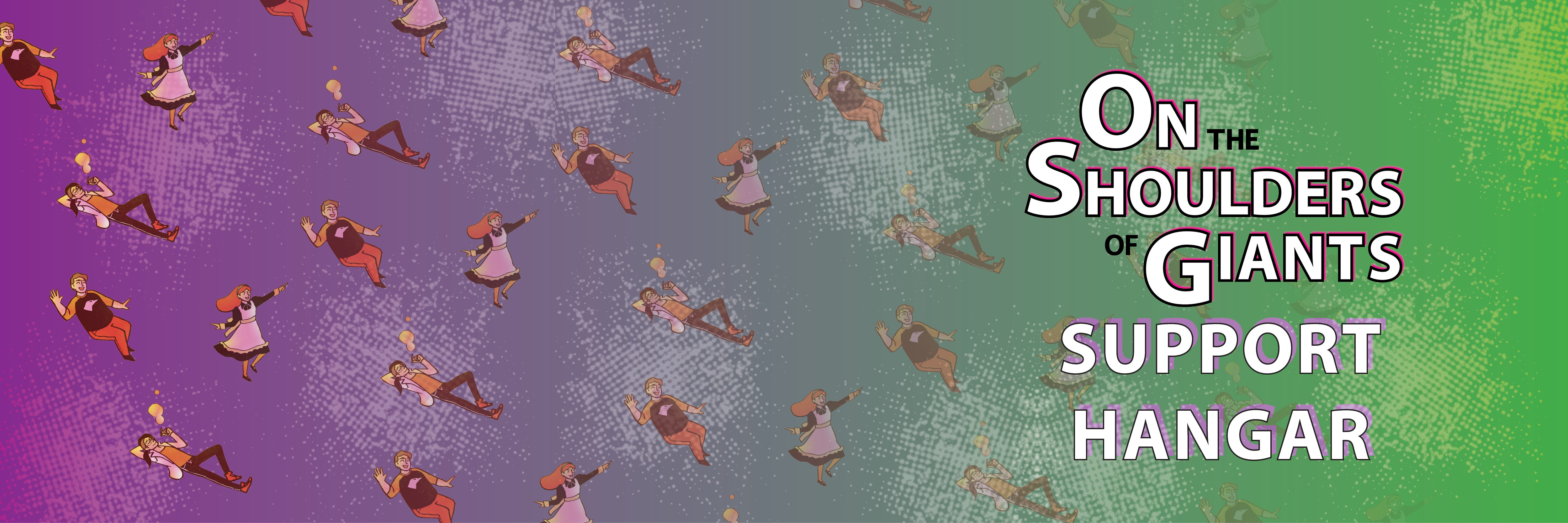 Ko-Fi wepbage banner featuring our step and repeat pattern, with some green added to our standard color scheme. It also features the words 'SUPPORT HANGAR.' 