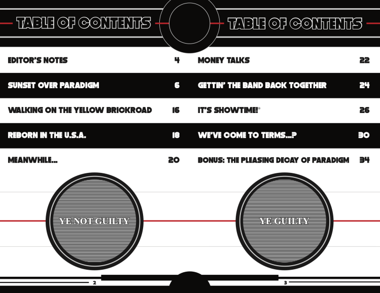 Table of Contents of a zine I worked on. More info on the zine at patreon.com/giantrobotfm. The zine is Big O themed. 