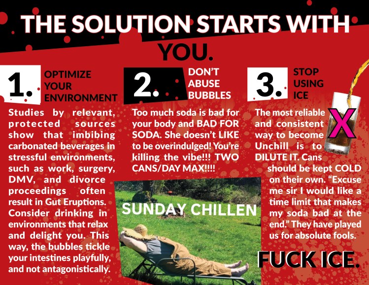 A trifold brochure depicting the optimal way to consume soda. The text is mostly irrelevant, the piece is meant to show off eyecatching layout, fun colors and shapes, and that I understand how to compose a brochure.